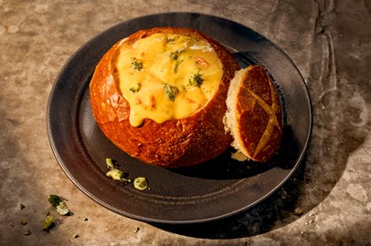 Panera Broccoli Cheese soup in a bread bowl